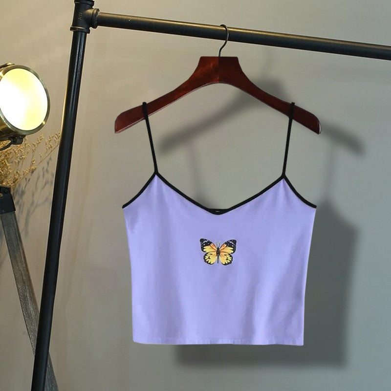 Fashion Sexy Women Ladies Butterfly Print Purple Tank Tops Sleeveless Wear Strappy Tank Top Vest Summer Short Crop Tops