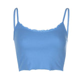 2020 E-Girl Style Spaghetti Strap V-neck with Lace Cropped Tops Y2K Summer Fashion Ribbed Solid Backless Blue Cami Streetwear