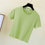 Crop Top T-Shirt Female Solid Cotton O-Neck Short Sleeve T-shirts for Women High Waist Slim Short Sport Blanc Femme T-Shirt